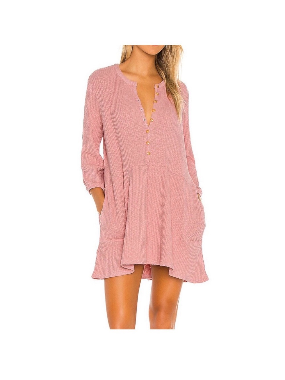 Free People Beach Waffle Knit Henley Tunic Mini Dress Pink Size S